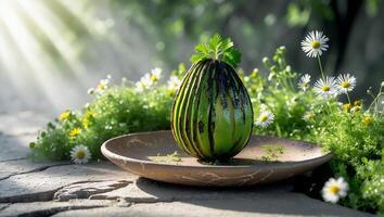 Grilled Avocado Displayed on Plate Surrounded by Daisies in Garden photo