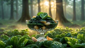 Serving Spinach and Garlic in Glass Bowl with Forest Backdrop photo