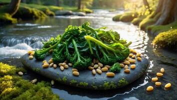 Broccolini and Pine Nuts on Stone Beside Forest River photo