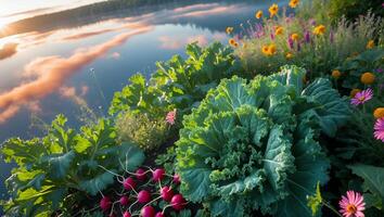 Cultivating Greens Fresh Produce with Flowers at Lake Edge photo