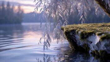 Willow Branch Touching Water in Calm Lake During Gentle Sunset photo
