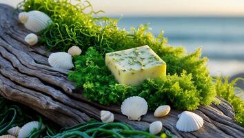 Presenting Organic Soap Bar with Natural Beach Elements on Driftwood photo
