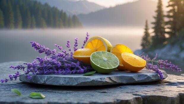 Arrangement of Lavender and Citrus Fruit with Lake and Mountain Backdrop photo