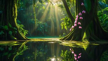 Sunlight Streaming Through Tropical Forest Canopy Reflected in Still Pond photo