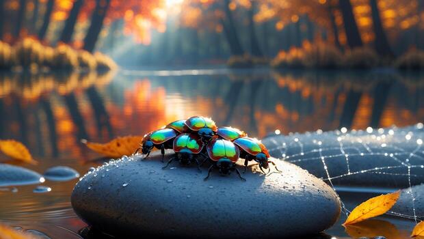 Iridescent Beetles Resting on River Stones with Autumnal Foliage photo