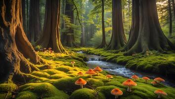 Mushrooms and Moss in a Forest with Stream and Trees photo