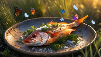 Cooked Fish on Plate with Dill and Butterflies Outdoors photo