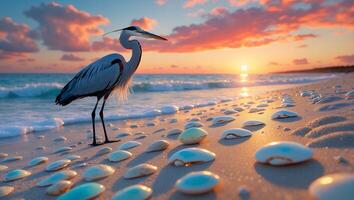 Great Blue Heron Standing on Sandy Beach at Sunrise with Seashells photo