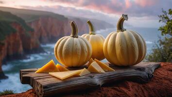 Pumpkins and Cheese on Wooden Board Overlooking Coastal Cliffs Scenery photo