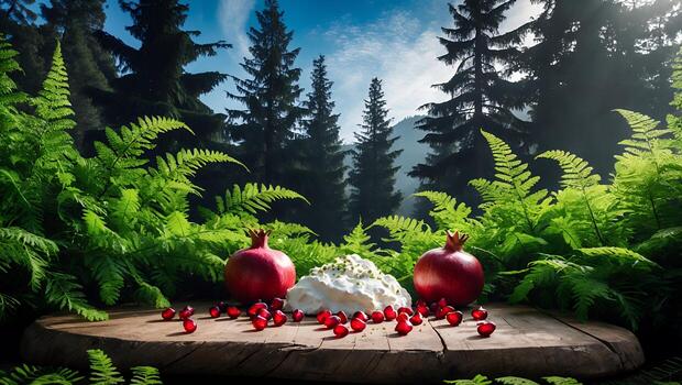Pomegranate and Cream Dessert Presentation on Wood Slab in Forest Setting photo