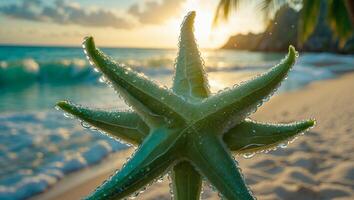 Holding Green Starfish on Sandy Beach with Ocean Waves at Sunset photo
