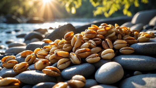 Pile of Wheat Kernels on Smooth River Rocks in Sunlight photo