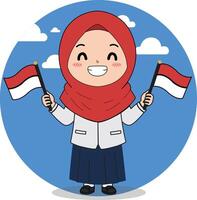 A cheerful Muslim girl in a school uniform and red hijab holding two Indonesian flags, symbolizing patriotism and joy in celebrating Independence Day. vector