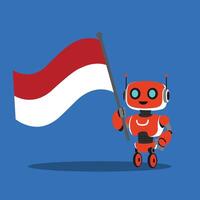 Adorable robot character holding the Indonesian flag, celebrating Independence Day in a modern and tech-inspired style. vector