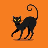 Stylized black cat with curved tail and yellow eyes, standing confidently on an orange background.ideal for seasonal greeting cards, banners, and posters vector