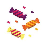 Three vibrant wrapped candies in yellow, orange, and purple with diagonal stripes, surrounded by sprinkle-like confetti on a white background. Ideal for holiday posters vector