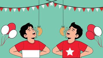 Two boys playing the traditional kerupuk eating contest during Indonesian Independence Day celebration. vector