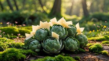 Artichoke and Pasta Presentation in Forest Setting with Bright Sunlight photo