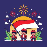illustration of three Indonesian children proudly holding the national flag with festive fireworks in the background. Perfect for Indonesian Independence Day and patriotic celebrations. vector