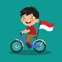 Smiling Indonesian boy riding a bicycle with the Indonesian flag on the back. Ideal for Indonesian Independence Day, national events. vector