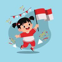 illustration of a happy Indonesian girl waving the national red and white flag during Independence Day celebration. Colorful confetti and decorations emphasize the festive mood. vector
