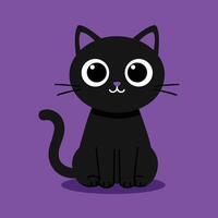 Charming cartoon-style black cat with large white eyes and a tiny purple nose, sitting on a vibrant purple background. Great for Halloween designs, pet-themed materials, kids illustrations vector