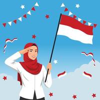 Smiling hijab girl saluting while holding the Indonesian flag. Celebrating August 17th independence with festive decorations in the background. vector