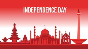 illustration of various iconic Indonesian landmarks including temples, mosques, churches, and Monas monument in a red and white gradient composition. Ideal for Independence Day celebration themes vector
