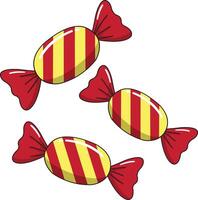 illustration of three red and yellow striped candies, individually wrapped in shiny red wrappers. Perfect for use in Halloween designs, party materials, children's graphics. vector