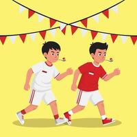Two boys joining a traditional Indonesian game marble on a spoon race often held during Independence Day celebrations. vector