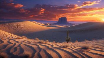 Desert Landscape with Cactus and Sand Dunes at Sunset Scenery photo