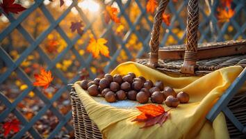 Hazelnuts and Autumn Leaves on Picnic Basket in Golden Light photo