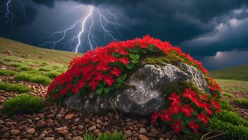 Rock Covered in Red Flowers Under Dramatic Thunderstorm Sky photo