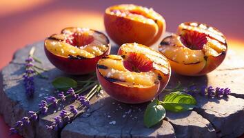 Grilled Peach Halves Topped with Salt, Served with Herbs photo