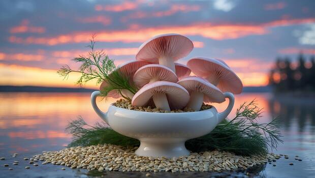 seta arreglo en cuenco a oscuridad con lago y cielo foto