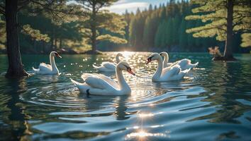 Swans Swimming on Lake with Reflections and Forest Background photo