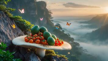 Avocados and Tomatoes on Mushroom Plateau with Misty Mountain Backdrop photo