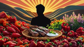 Grilled Lamb Chops on Basket Tray Surrounded by Fresh Red Peppers photo