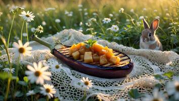 Grilled Eggplant with Diced Potatoes and Rabbit in Daisy Field photo