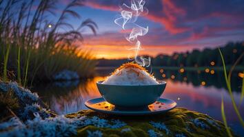 Steaming Bowl of Rice at Dusk Near Serene Waterscape photo