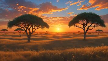 Savanna Landscape with Trees at Sunset and Golden Light photo