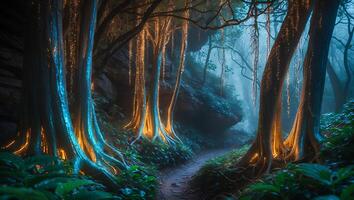 Walking Path Through Enchanted Forest with Glowing Trees and Mist photo