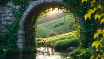 Deer Standing in Stream Under Stone Archway with Green Hills photo