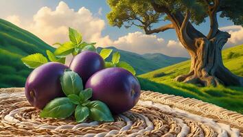 Plums and Basil Arrangement on Woven Mat with Scenic Hillside View photo