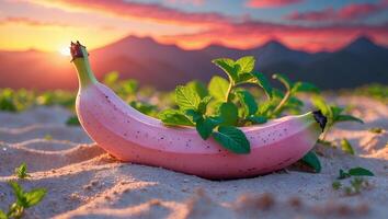 Banana and Mint on Sandy Beach at Sunset with Mountains photo