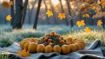 Pumpkin Food Display in Nature with Autumn Leaves Falling photo