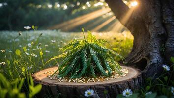 Fern on Tree Stump in Sunny Meadow with White Flowers photo
