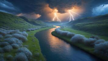 River Flowing Through Green Hills Under Stormy Sky with Lightning photo