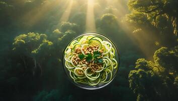Zucchini Noodles Topped with Pine Nuts Displayed Against a Lush Forest photo