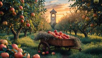 Gathering Red Apples in Orchard with Cart and Clock Tower photo